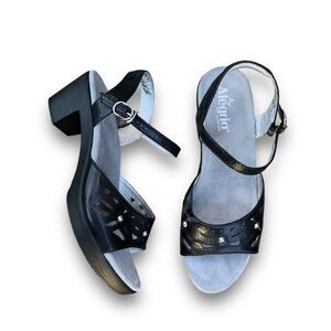 Alegria Reese Uptown Black Leather Studded Laser cut Comfort Heel Sandals 9.5-10